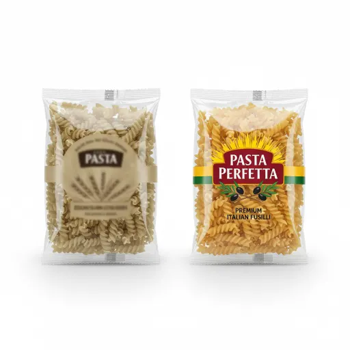 دو بسته ماکارونی در بسته بندی سلفون ترس با چاپ