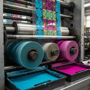 دستگاه چاپ پیشرفته در حال کار بر روی رول بزرگ نایلون
