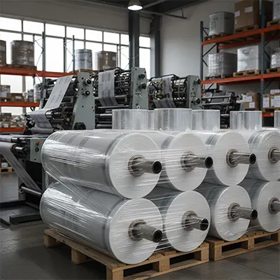 چندین رول بزرگ و شفاف نایلون خام آماده برای فرآیند چاپ